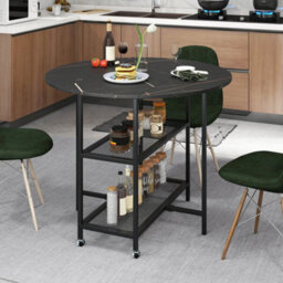 100Cm Black Round Kitchen Table Modern Dining Table W/drop Leaf Tabletop - thumbnail 3