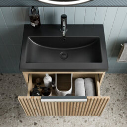 Affine 600mm Fluted Wall Hung Bathroom Vanity Unit Wood Chrome Handle Black Basin - thumbnail 3
