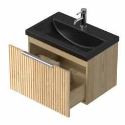 Affine 600mm Fluted Wall Hung Bathroom Vanity Unit Wood Chrome Handle Black Basin - thumbnail 5