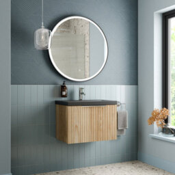 Affine 600mm Fluted Wall Hung Bathroom Vanity Unit Wood Chrome Handle Black Basin - thumbnail 2