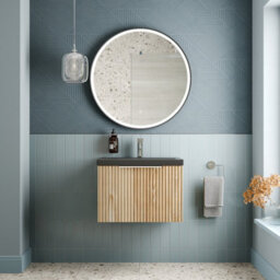 Affine 600mm Fluted Wall Hung Bathroom Vanity Unit Wood Chrome Handle Black Basin - thumbnail 1