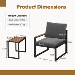 Costway 3 Pieces Patio Furniture Set Aluminum Frame Outdoor Table Chair Set W/soft Cushions - thumbnail 3