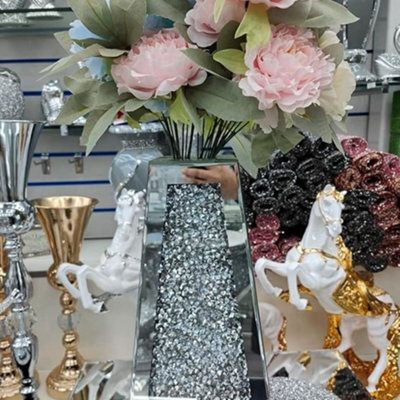 Biznest Large 40Cm Sparkle Diamond Crushed Crystal Sparkly Silver Mirrored Floor Vase Cuffin Shape