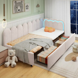 Modernluxe 3Ft Single Daybed, 90 X190Cm, With Smart Rgb Led Lights And Drawers, Reversible Side Panel, Velvet, Beige - thumbnail 2