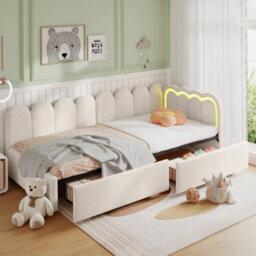 Modernluxe 3Ft Single Daybed, 90 X190Cm, With Smart Rgb Led Lights And Drawers, Reversible Side Panel, Velvet, Beige - thumbnail 1