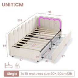 Modernluxe 3Ft Single Daybed, 90 X190Cm, With Smart Rgb Led Lights And Drawers, Reversible Side Panel, Velvet, Beige - thumbnail 4