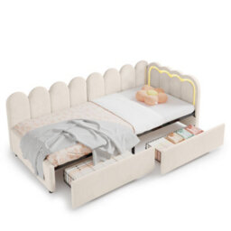 Modernluxe 3Ft Single Daybed, 90 X190Cm, With Smart Rgb Led Lights And Drawers, Reversible Side Panel, Velvet, Beige - thumbnail 9