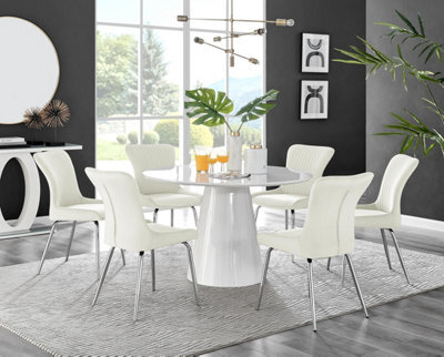Furniturebox Uk Palma White High Gloss Round Dining Table & 6 Cream Nora Silver Leg Chairs - image 1