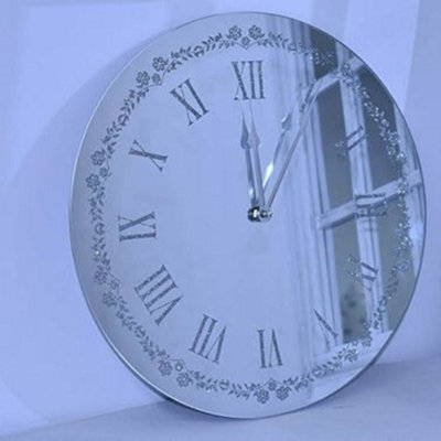 Biznest New Flowery Silver Sparkle Glitter Mirrored Wall Clock Roman Number Wall 35Cm