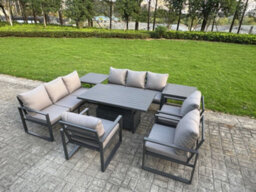 Fimous 8 Piece Garden Furniture Set 9-Seater Aluminium With Adjustable Rising Lifting Dining Table & Cushions Side Tables 3 Chairs - thumbnail 1
