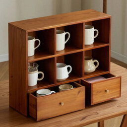 Rustic 2 Drawers Cup Organiser Kitchen Mug Rack Storage - thumbnail 5