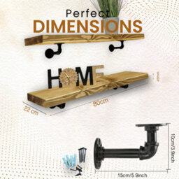 MKGT Industrial Pipe Bracket Wooden Floating Shelves, Rustic Wall Decor (Dark Oak, 80Cm) - thumbnail 2