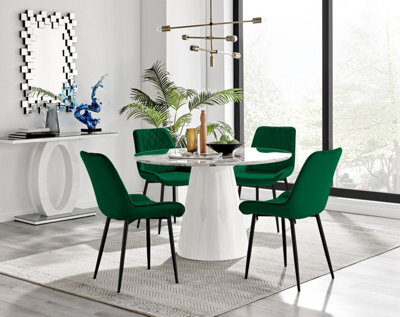 Furniturebox Uk Palma White Marble Effect Round Dining Table & 4 Green Pesaro Black Leg Chairs - image 1