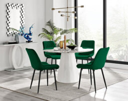 Furniturebox Uk Palma White Marble Effect Round Dining Table & 4 Green Pesaro Black Leg Chairs