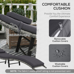 Outsunny Folding Rattan Sun Lounger With Cushion And Pillow, Grey - thumbnail 5