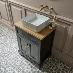 Homestylestore Black Grey And Oak 645mm Bathroom Vanity Unit With Square Countertop Basin And Brushed Brass Classic Square Handles - thumbnail 3