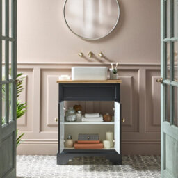 Homestylestore Black Grey And Oak 645mm Bathroom Vanity Unit With Square Countertop Basin And Brushed Brass Classic Square Handles - thumbnail 2