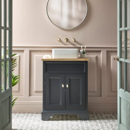 Homestylestore Black Grey And Oak 645mm Bathroom Vanity Unit With Square Countertop Basin And Brushed Brass Classic Square Handles - thumbnail 1