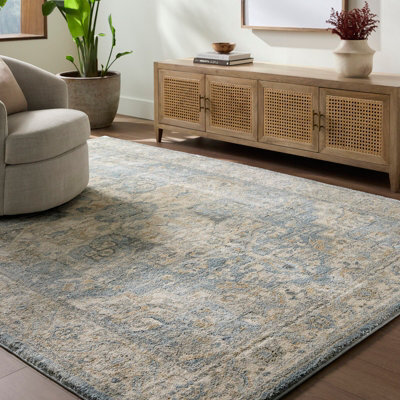 Livabliss Avellino-Vintage Beige Blue Grey Traditional Boho High Pile Living Dining Bedroom Rug 160 X 213 Cm Easy Care, Non Shedding - image 1