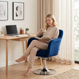 Homcom Retro Velvet Swivel Tub Chair With Steel Frame Dark Blue - thumbnail 9