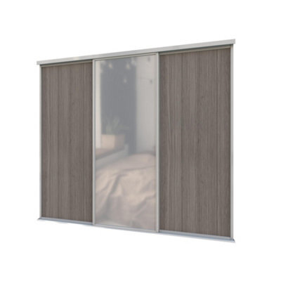 A-Class Sliding Doors Set Of 3 Dark Oak & Mirror Sliding Wardrobe Door Kit, Silver Frame & Tracks, Opening Height (H) 225-226Cm & Width (W) 223-224Cm - image 1