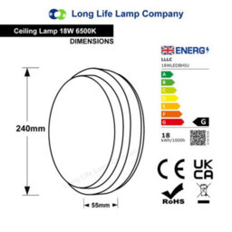 Long Life Lamps Company 18W Led Bulkhead Ceiling Light Mounted Round Dome 6500K Cool White - thumbnail 2