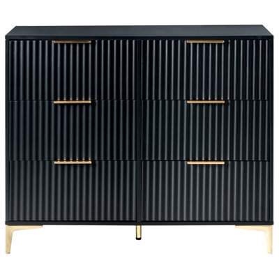 Wyld And Coco Black Mdf Six Drawer Chest With Fluted Fronts And Gold-Tone Handles - W108 X D40 X H89Cm - image 1