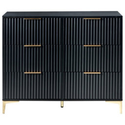 Wyld And Coco Black Mdf Six Drawer Chest With Fluted Fronts And Gold-Tone Handles - W108 X D40 X H89Cm - thumbnail 1