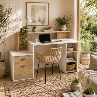 Wyld Haus Niledi 137Cm Oak And White Office Desk With Shelves, Drawers And Printer Stand - image 1