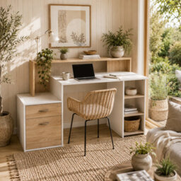 Wyld Haus Niledi 137Cm Oak And White Office Desk With Shelves, Drawers And Printer Stand