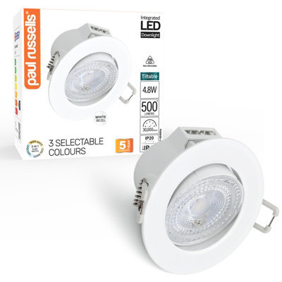 Paul Russells Led Downlight White Tilt Recessed Ceiling Spotlight 4.8W 500 Lumens, Ip44, Colour Changeable Cct3 - image 1