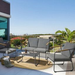 Beliani Grey Steel 4-Seater Outdoor Sofa Set With Teak-Accent Arms And Coffee Table - thumbnail 2