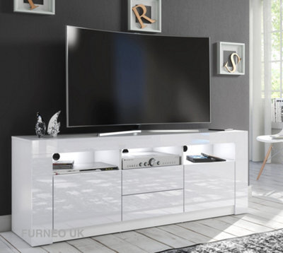 Furneo White Tv Stand 160Cm Unit Cabinet Matt & High Gloss Clifton 18 White Led Lights - image 1