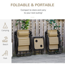 Outsunny 3Pc Zero Gravity Chairs Sun Lounger Table Set W/ Cup Holders, Beige - thumbnail 6
