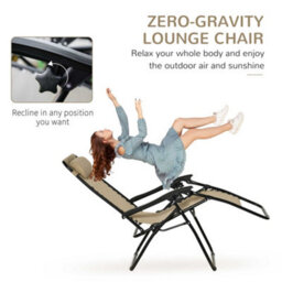 Outsunny 3Pc Zero Gravity Chairs Sun Lounger Table Set W/ Cup Holders, Beige - thumbnail 4