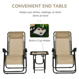 Outsunny 3Pc Zero Gravity Chairs Sun Lounger Table Set W/ Cup Holders, Beige - thumbnail 5