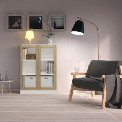 Furniture To Go Basic Low Wide Display Cabinet In White (2 Shelves) With 2 Glass Doors In Oak - image 1