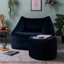 icon Natalia Velvet Adults Bean Bag Armchair And Pouffe, Ready Filled Large Beanbag And Footstool Midnight Blue - thumbnail 3