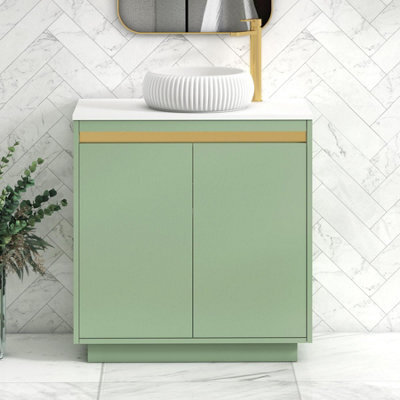 Royal Bathrooms Orion 800mm Mint Sage Floor Standing Plain White Countertop Vanity Unit 2 Door With Milan Basin & Brushed Brass Accent Trim - image 1