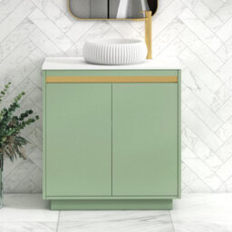 Royal Bathrooms Orion 800mm Mint Sage Floor Standing Plain White Countertop Vanity Unit 2 Door With Milan Basin & Brushed Brass Accent Trim