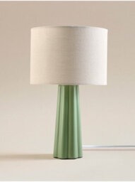 Deenz Ceramic Large Table Lamp Triangle/cone Ribbed Base Matching Drum Linen Details Fabric Shade Brighten Up Home Green 35X21 Cm