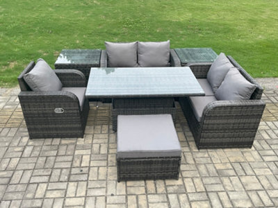 Fimous 6 Seater Rattan Furniture Garden Dining Set Outdoor Height Adjustable Rising Lifting Table Love Sofa Chair With Side Table - image 1
