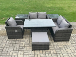 Fimous 6 Seater Rattan Furniture Garden Dining Set Outdoor Height Adjustable Rising Lifting Table Love Sofa Chair With Side Table - thumbnail 2