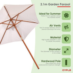 Oypla 2.1M Wooden White Garden Parasol Outdoor Patio Umbrella Canopy - thumbnail 4