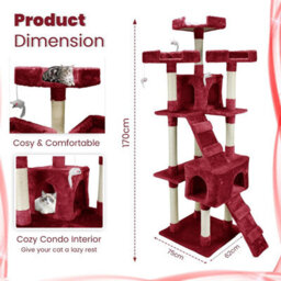 Wadan Cat Tree Tower With Condos, Ladder & Scratching Posts 170Cm Multilevel Cat Activity Centre For Large & Small Cats, Red - thumbnail 2