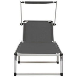 Walplus Folding Sun Lounger With Roof Aluminium And Textilene Grey - thumbnail 4