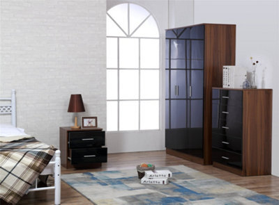 Reflect 3 Door Plain Wardrobe, 5 Drawer Chest, 2 Drawer Bedside - Black Gloss & Walnut - Modern Bedroom Furniture Set - image 1