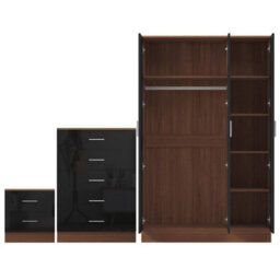 Reflect 3 Door Plain Wardrobe, 5 Drawer Chest, 2 Drawer Bedside - Black Gloss & Walnut - Modern Bedroom Furniture Set - thumbnail 6