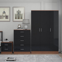 Reflect 3 Door Plain Wardrobe, 5 Drawer Chest, 2 Drawer Bedside - Black Gloss & Walnut - Modern Bedroom Furniture Set - thumbnail 3