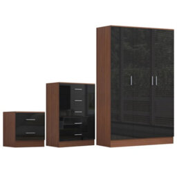 Reflect 3 Door Plain Wardrobe, 5 Drawer Chest, 2 Drawer Bedside - Black Gloss & Walnut - Modern Bedroom Furniture Set - thumbnail 5